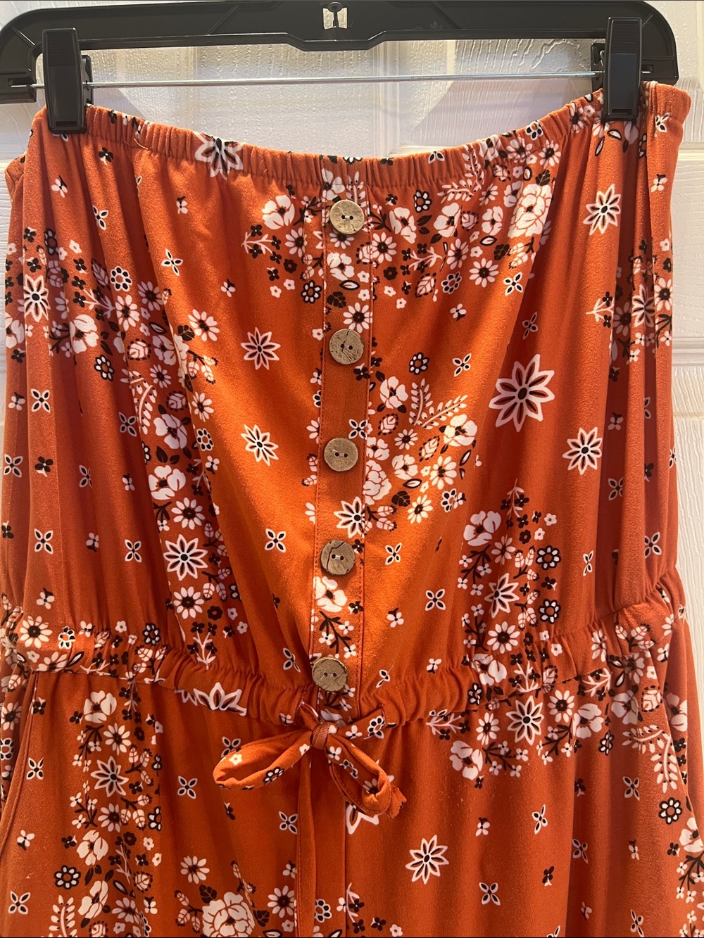 No Boundaries Orange Floral Strapless Jumpsuit with Pockets - Picture 2 of 6